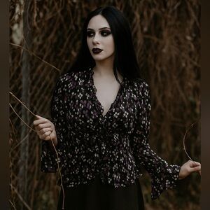 Vtg 90s Y2K Top M Whimsigoth Flare Sleeve Fairy Grunge Babydoll Purple Black